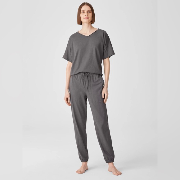 EILEEN FISHER L XL Slubby Organic Cotton V-Neck Sleep Tee in Ash • Lightweight - Picture 12 of 13